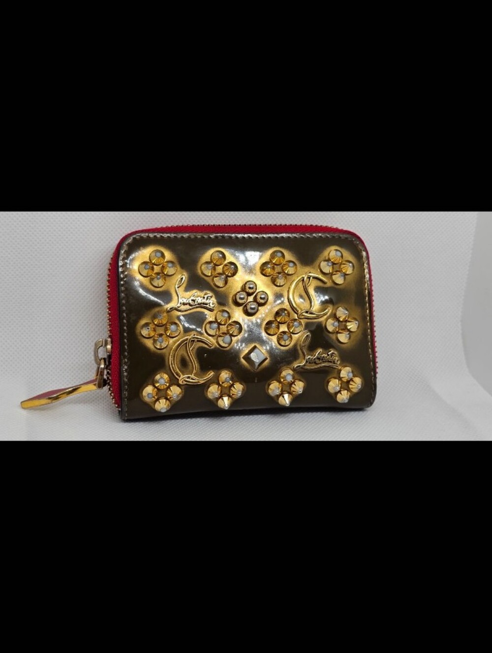 Christian Louboutin Panetone Metallic Gold Studded Zip Coin Wallet with Red Trim - Picture 2 of 5